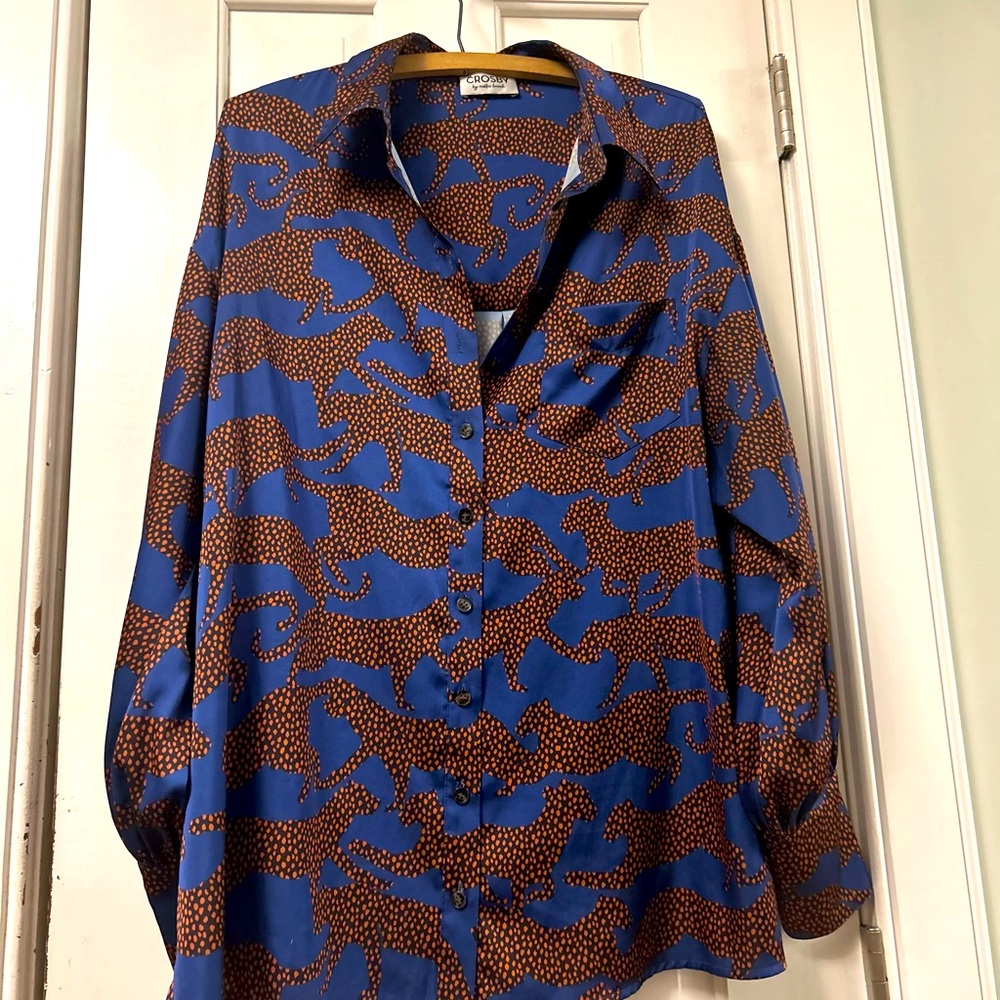 Crosby by Mollie Burch. Royal blue & cheetah print button up going out blouse!